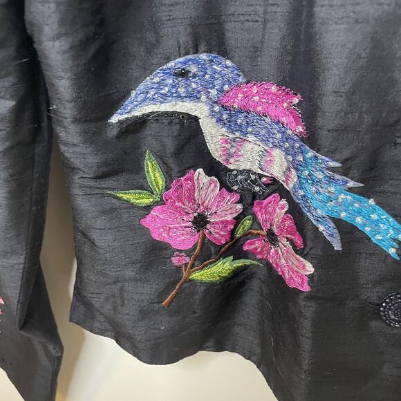 VTG 80s Blutique Black 100% Silk Jacket Multicolor Embroidered Birds Birding XS - Picture 5 of 15